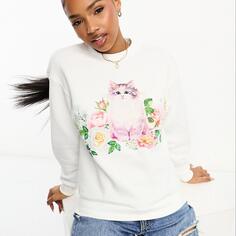 Свитшот Monki Floral Kitten Print Round Neck, белый