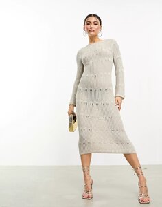 Платье макси Asos Design Metallic Knitted With Stitch Detail, серебристый