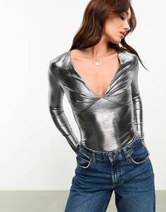 Боди River Island Foil Plunge, серебристый