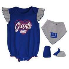 Комплект боди с нагрудником и пинетками New York Giants All The Love Royal/Heathered Grey для девочек и новорожденных Outerstuff