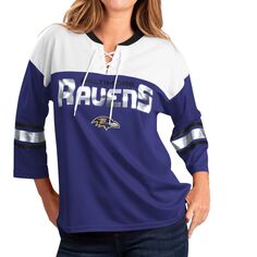 Женская футболка G-III 4Her by Carl Banks фиолетового/белого цвета Baltimore Ravens Double Team с рукавами 3/4 на шнуровке G-III