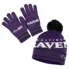 Женская одежда от Erin Andrews Фиолетовая вязаная шапка Baltimore Ravens с двойными жаккардовыми манжетами, комплект с помпоном и перчатками Unbranded