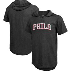 Мужская футболка с капюшоном Majestic Threads Heathered Black Philadelphia 76ers Wordmark Tri-Blend