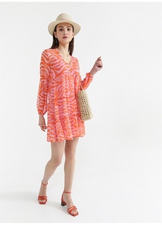 Розово-оранжевое мини-платье с V-образным вырезом и узором для женщин Fabrika ФАБРИКА
