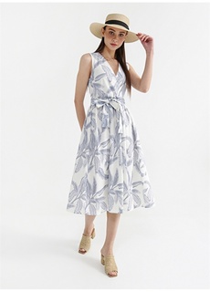 Бело-синее женское платье миди с V-образным вырезом и узором Fabrika Comfort