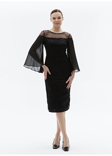 Черное стандартное женское платье с круглым вырезом и пайетками Selen