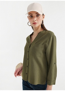 Однотонная женская рубашка цвета хаки с V-образным вырезом Fabrika ФАБРИКА