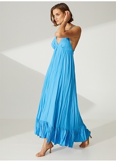 Синее женское летнее длинное платье с v-образным вырезом широкого кроя Didem Soydan X Fabrika
