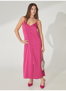 Женское летнее длинное платье цвета фуксии с v-образным вырезом People By Fabrika