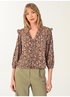 Коричневая женская блузка с леопардовым воротником и свободным воротником NGSTYLE