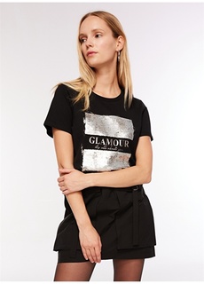 Черная женская футболка с круглым вырезом и пайетками Fabrika Comfort