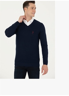 Мужской свитер узкого кроя темно-синего цвета с V-образным вырезом U.S. Polo Assn.