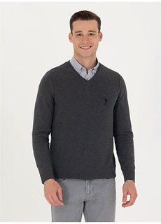 Мужской свитер приталенного кроя с V-образным вырезом антрацитового меланжа U.S. Polo Assn.