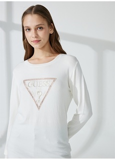 Женский свитер белого цвета с круглым вырезом приталенного кроя Guess