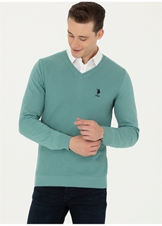 Мужской свитер приталенного кроя с V-образным вырезом мятного цвета U.S. Polo Assn.