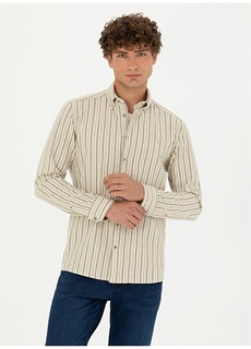 Мужская рубашка стандартного кроя с воротником на пуговицах в полоску цвета хаки Pierre Cardin