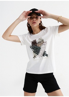 Белая женская футболка с круглым вырезом и пайетками Fabrika Comfort