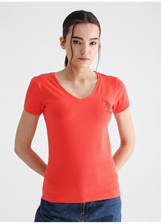 Однотонная красная женская футболка с V-образным вырезом U.S. Polo Assn.
