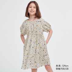 Uniqlo Одежда для девочек/Детская одежда/Платье с принтом для девочек (новинка трапеции с короткими рукавами и цветочным принтом)
