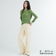 Uniqlo Женские свободные джинсы с низкой посадкой (длина по внутреннему шву 81,5 см, прямые широкие брюки)