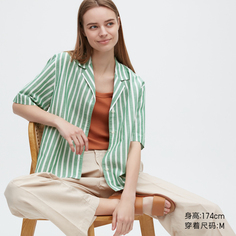 Рубашка Uniqlo льняная в полоску с открытым воротником, зеленый/белый
