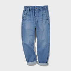 Детская одежда Uniqlo для мальчиков и девочек, повседневные эластичные свободные джинсовые брюки с узкими горловиной, потертые