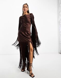 Платье мини Asos Design Satin Flare Sleeve With Fringe Detail, коричневый