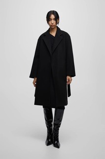Длинное пальто с поясом Pull&amp;Bear, черный