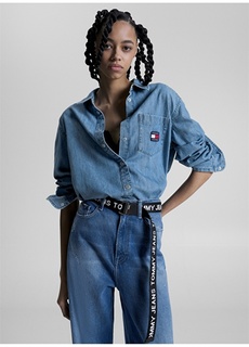 Темно-синяя женская рубашка с нормальным воротником рубашки с принтом Tommy Jeans