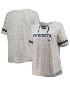 Женская серая футболка с v-образным вырезом и шнуровкой размера плюс Dallas Cowboys Profile