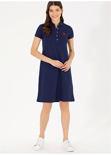 Однотонное темно-синее женское платье выше колена с воротником-поло U.S. Polo Assn.