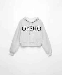 Худи Oysho Cotton Blend Crop Logo Hoodie, бледно-серый меланж