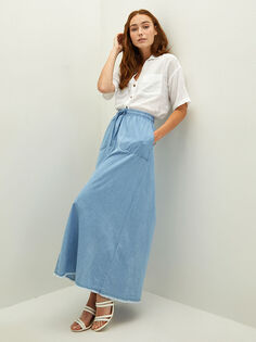 Женская эластичная талия, широкая, прямая, с карманами, джинсовая юбка с деталями LCWAIKIKI Classic
