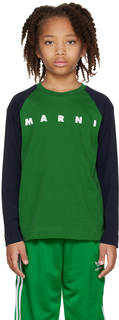 Детская зелено-темно-синяя футболка реглан с длинными рукавами Marni