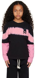Детская черно-розовая футболка с длинными рукавами в полоску тай-дай Acne Studios