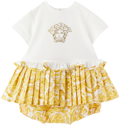Детское бело-желтое платье и шаровары в стиле барокко Белый/Золотой Versace