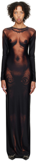 Черно-коричневое длинное платье макси с татуировкой на теле цвета черного дерева Jean Paul Gaultier