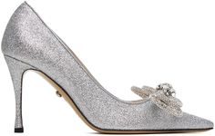 Серебряные туфли на каблуке 110 с двойным бантом и блестками MACH &amp; MACH
