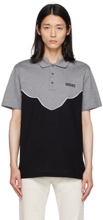 Серо-черная футболка-поло с вышивкой Versace