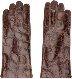 Bottega Veneta Коричневые кожаные перчатки с тиснением под кожу крокодила