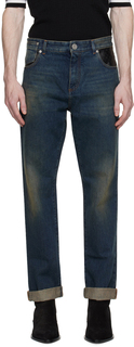 Синие кожаные джинсы с карманами Balmain