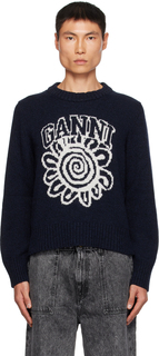 Темно-синий свитер с цветочным принтом GANNI