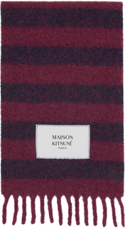 Бордовый и темно-синий полосатый шарф Maison Kitsune