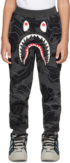 BAPE Kids Серые многослойные спортивные штаны с камуфляжным узором и изображением акулы