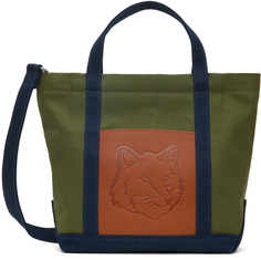 Зелено-темно-синяя сумка-тоут в стиле милитари с головой лисы Maison Kitsune