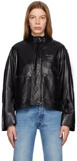 Черная кожаная куртка с накладными карманами Helmut Lang