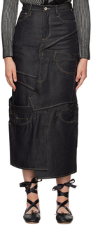 Темно-синяя джинсовая юбка-миди со вставками Feng Chen Wang