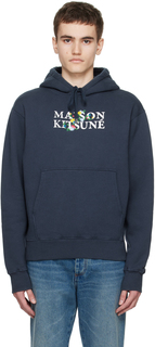Темно-синее худи с цветочным принтом Maison Kitsune