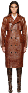 Светло-коричневое кожаное пальто с тиснением под крокодила Bottega Veneta