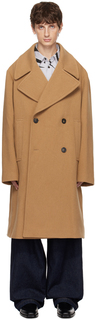 Светло-коричневое двубортное пальто Dries Van Noten